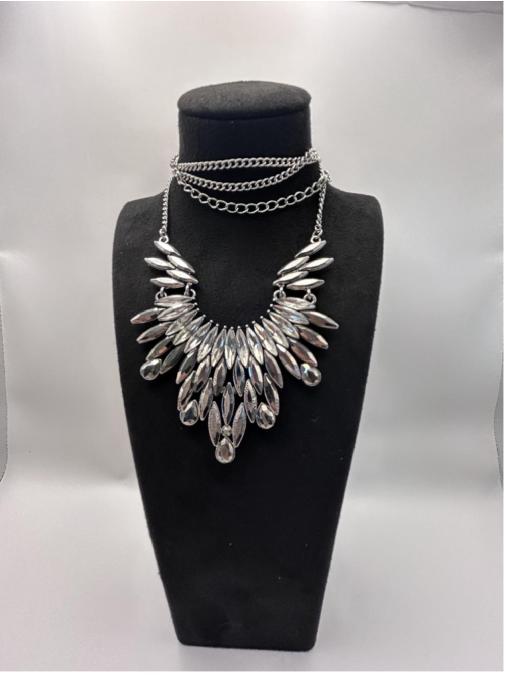 Necklace Silver Tone Layered Marquise Bib Statement 17 Inch Womens Fashion